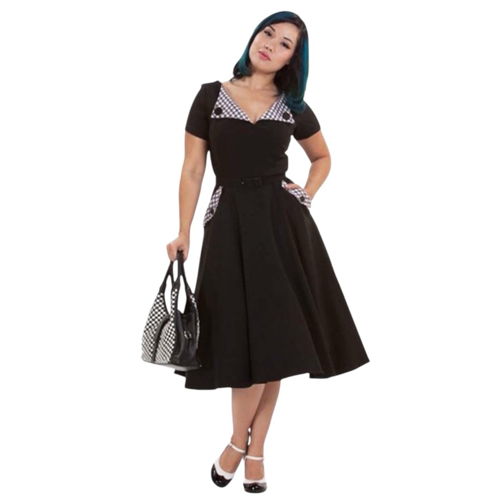 Tatyana Tea Dress Womens S Black Fit & Flare Retro Gingham Trim Pockets Pin-up